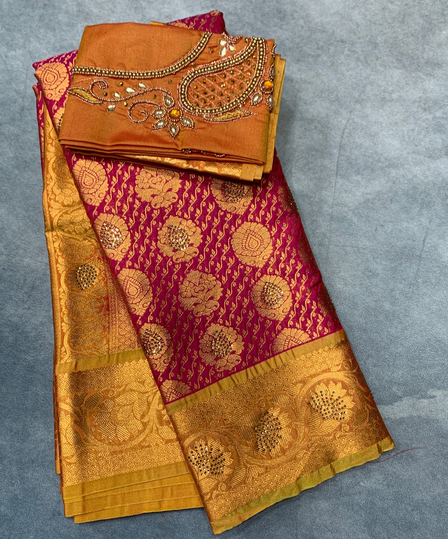 Bridal Vegan Silk Saree Pink shade with Golden Yellow Border with Unstitched blouse in Aari Work