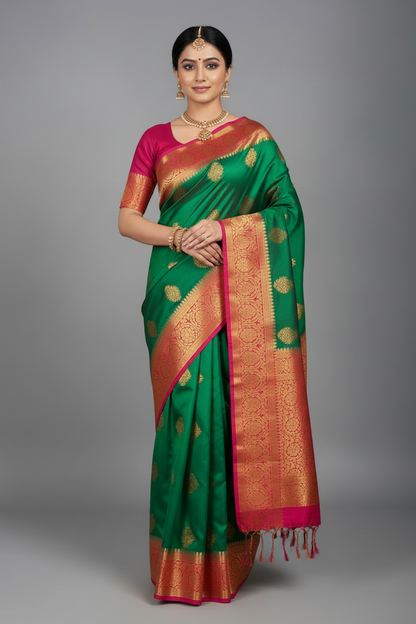 Soft Vegan Silk Saree Light Green Colour with Pink and Copper Border