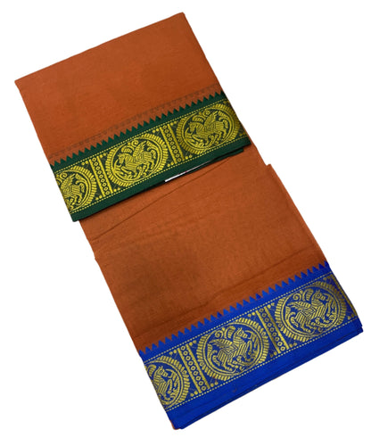 9X5 Cotton Dhoti Honey Brown Colour with Green and Blue Border