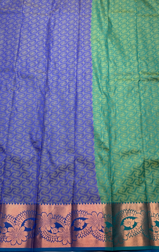 Synthetic Cotton Saree  Blue Shade with Copper and Floral Design Border