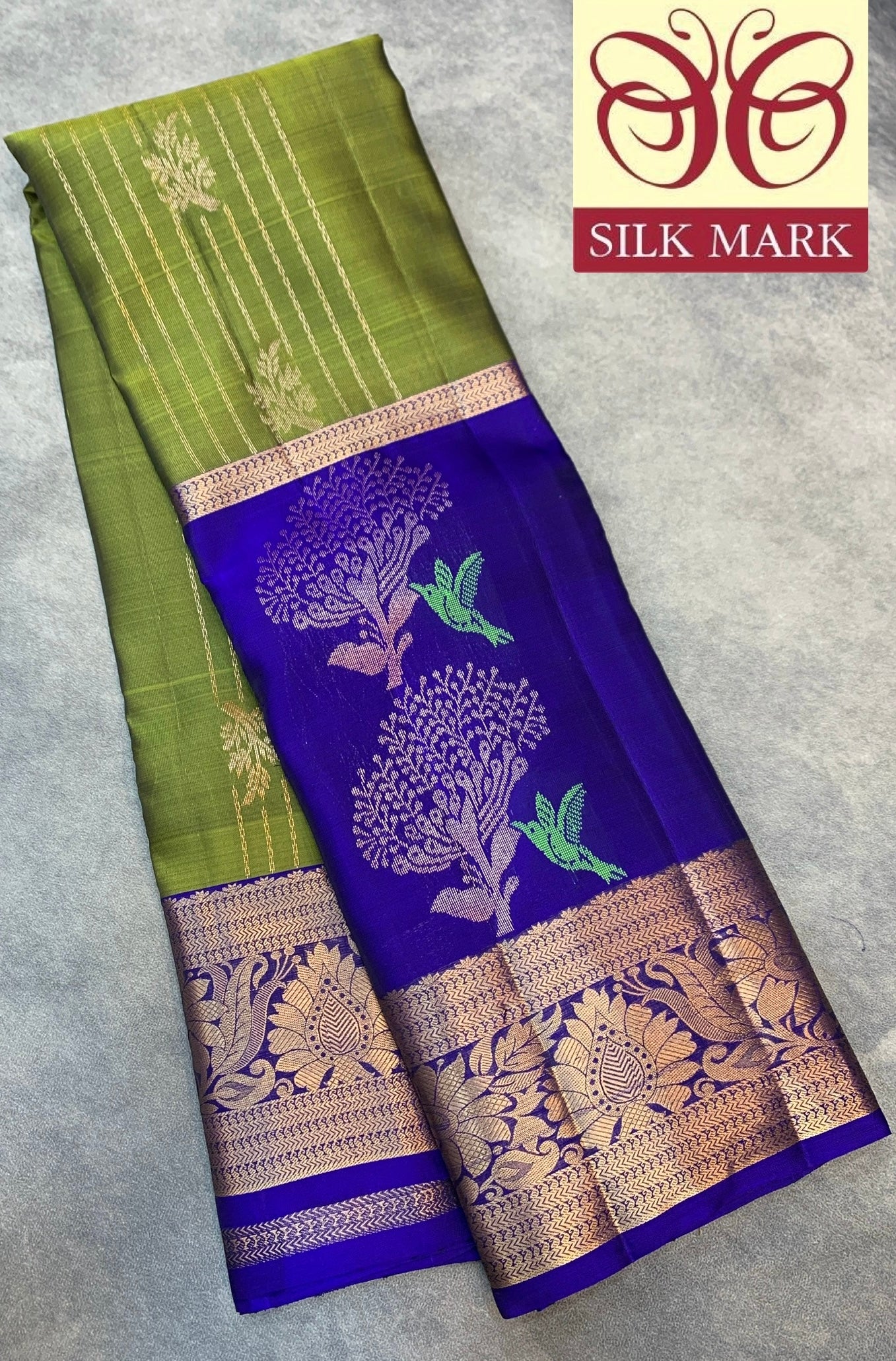Pure Kanchipuram Silk Saree Olive Green Colour with Golden Zari Border and Royal Blue Border