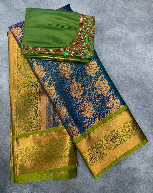 Bridal Vegan Silk Saree Rama Green shade with Light Green Border with Unstitched blouse in Aari Work
