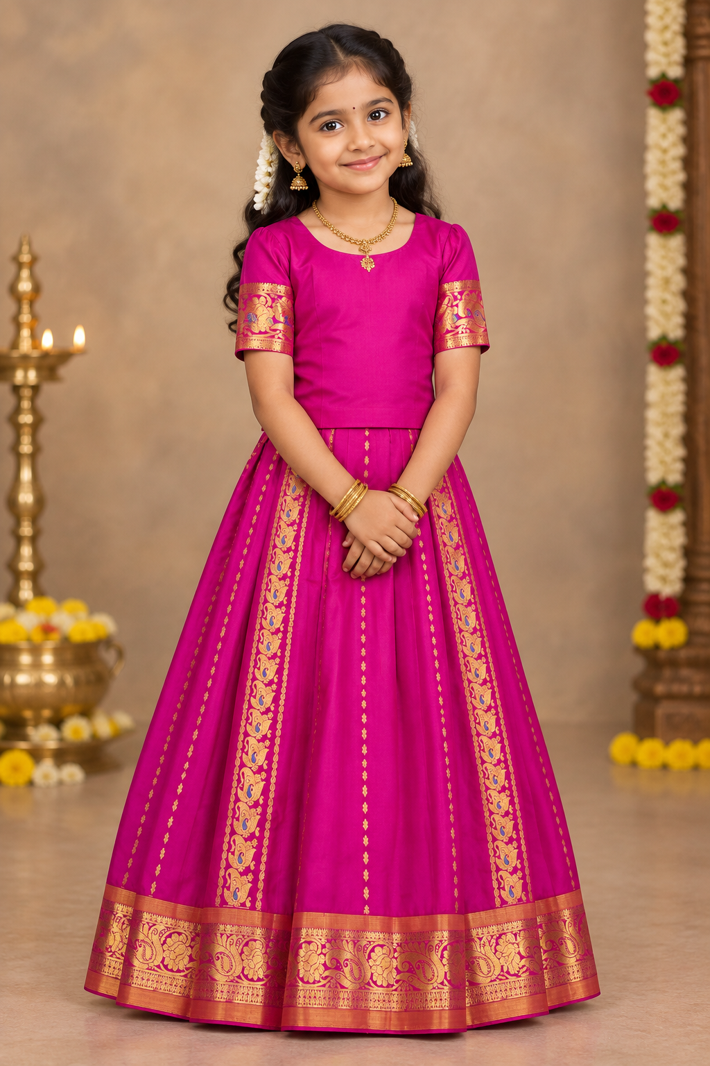 Pink shade Semi Silk Kids Pattu Pavadai with Contrast border for age above 10 years