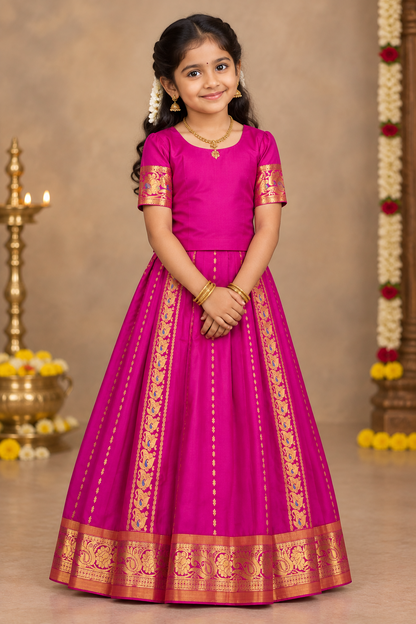 Pink shade Semi Silk Kids Pattu Pavadai with Contrast border for age above 10 years