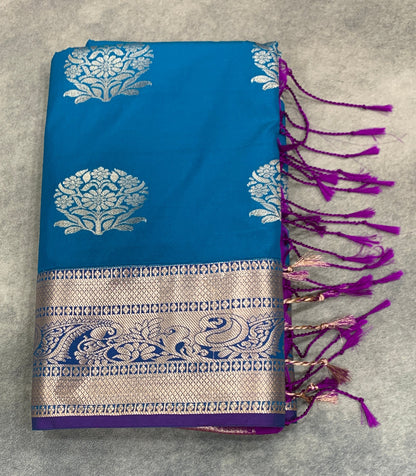 Art Silk Saree Sky Blue Colour with Purple Colour Border