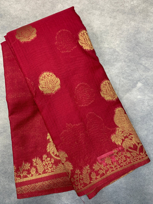 Kora Silk Saree Red Colour with Flower and Birds Design Border