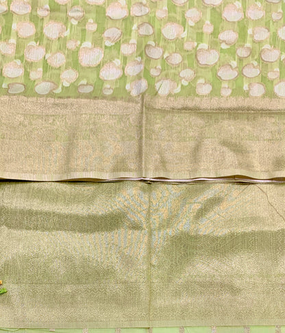 Banaras Katan Saree Apple Green Colour with Katan Work Border