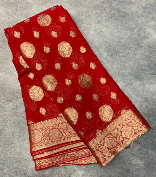 Georgette Saree Red Colour with Sliver Floral Design Border