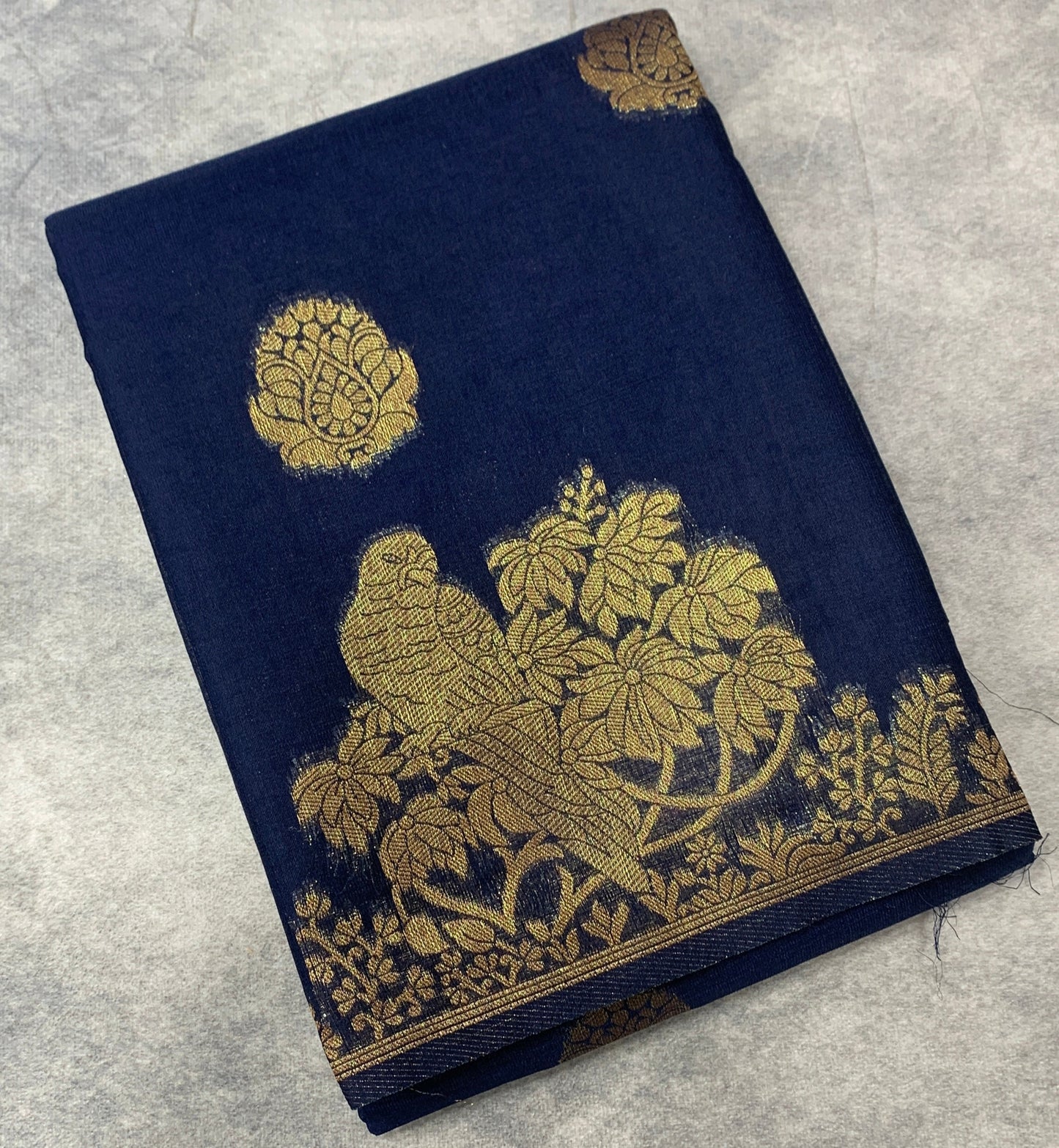 Kora Silk Saree Blue Colour with Flower and Parrot Design Border
