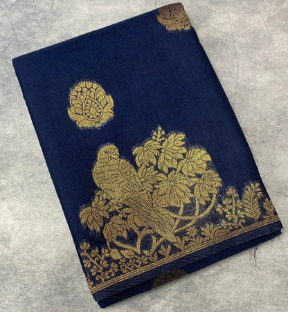 Kora Silk Saree Blue Colour with Flower and Parrot Design Border
