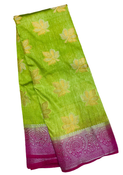 Tussar Saree Olive Green Colour with Pink Border