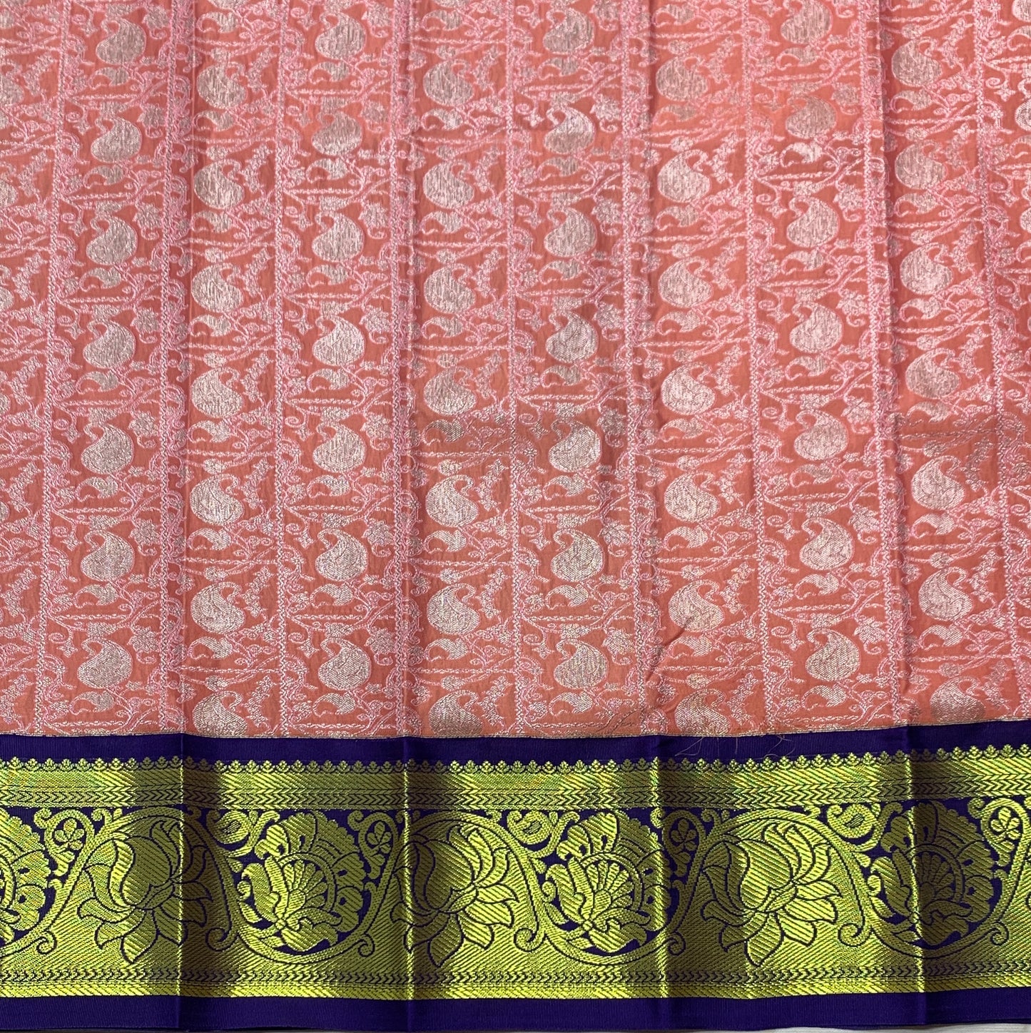 Peach Shade Vegan Silk Kids Pattu Pavadai with Contrast Border for Newborn to 2 Years