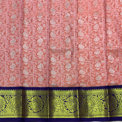 Peach Shade Vegan Silk Kids Pattu Pavadai with Contrast Border for Newborn to 2 Years