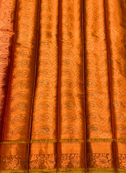 Vegan Silk Saree Brown Colour with Copper and Golden Yellow Border