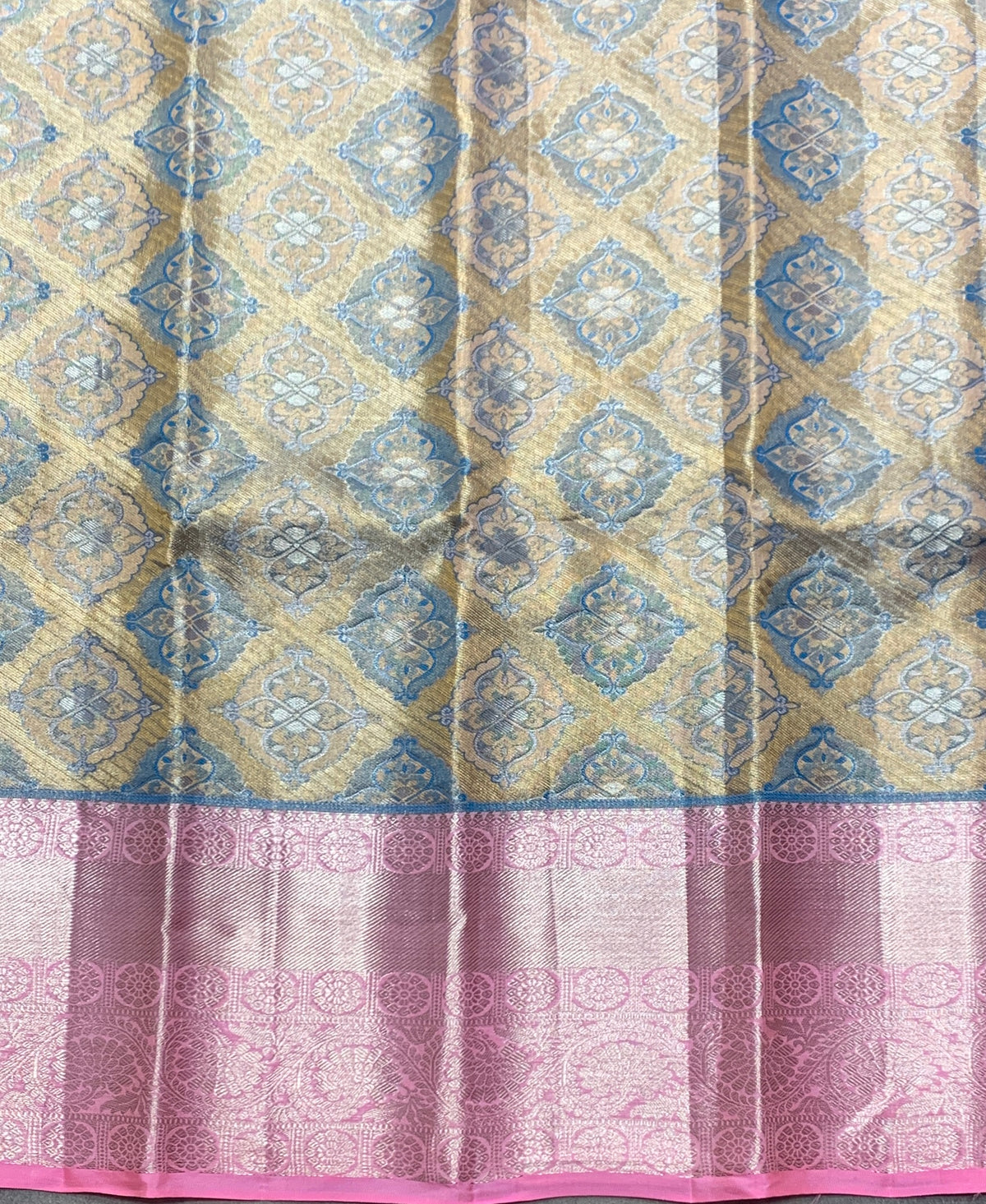 Metallic Gold Shade Pure Kanchipuram Kids Pattu Pavadai with Contrast Border for Newborn to 2 Years
