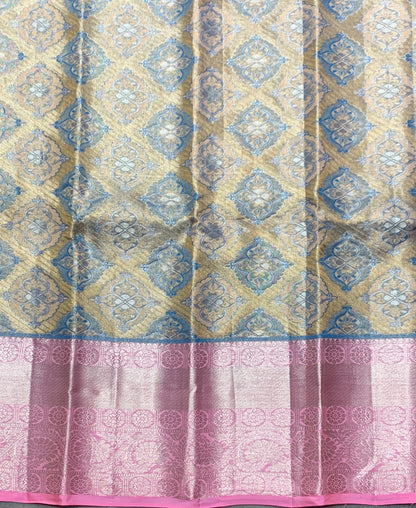 Metallic Gold Shade Pure Kanchipuram Kids Pattu Pavadai with Contrast Border for Newborn to 2 Years