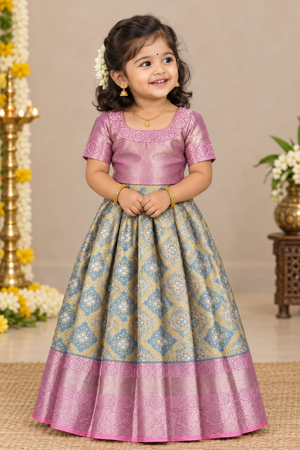 Metallic Gold Shade Pure Kanchipuram Kids Pattu Pavadai with Contrast Border for Newborn to 2 Years