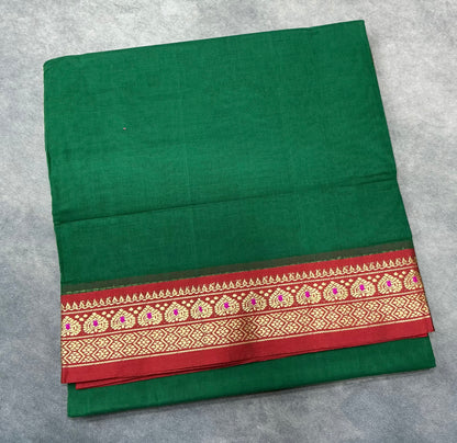 Chettinad Cotton Saree Light Green Colour with Red Colour with Thread Work Border