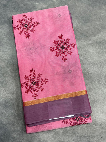 Chettinad Sungudi Cotton Light Pink Colour with Onion Pink Colour Border
