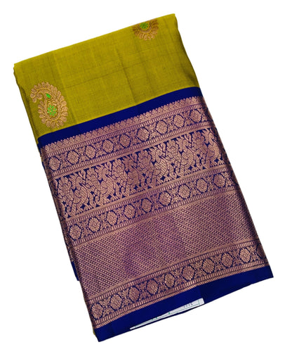 Pure Kanchipuram Silk Saree Olive Green Colour with Blue Border