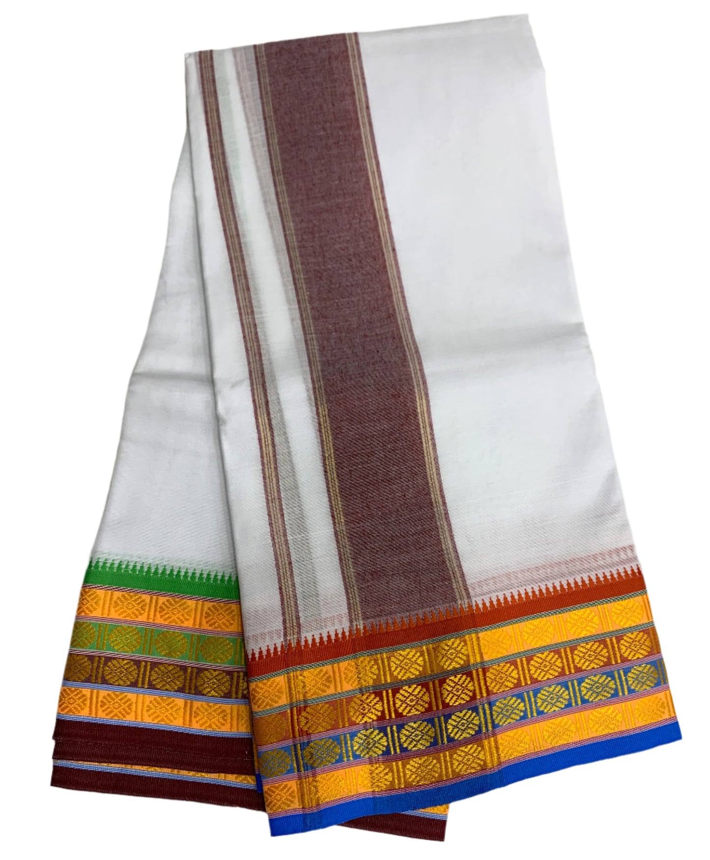 9X5 Cotton Dhoti White Colour with Yellow, Red and Green Border