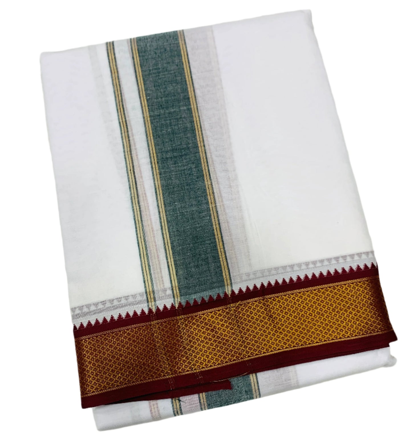 10X6 Cotton Dhoti White Colour with Maroon and Green Border