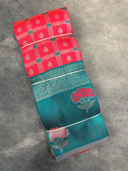 Art Silk Saree Tomato Red Colour with Rama Blue Colour Border