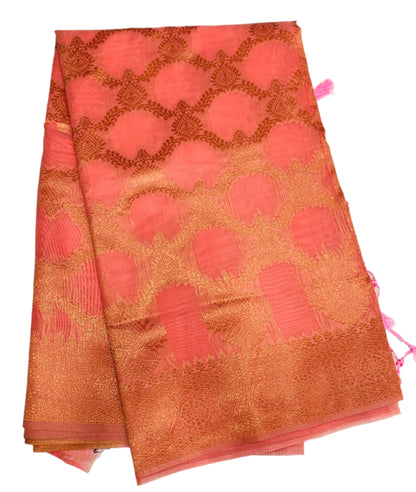 Banaras Katan Saree Peach Orange Colour with Katan Work Border