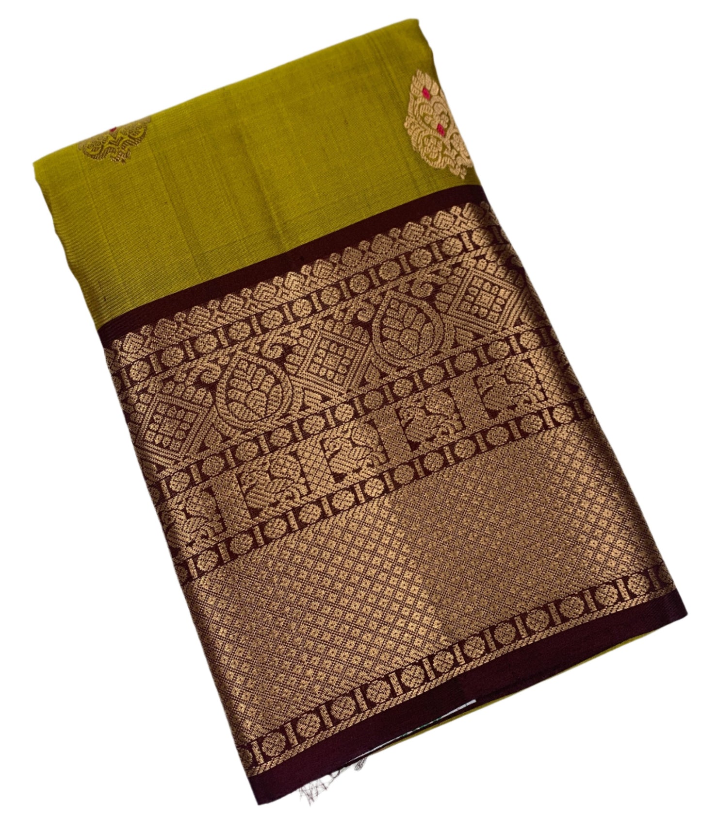 Pure Kanchipuram Silk Saree Olive Green Colour with Brown Border