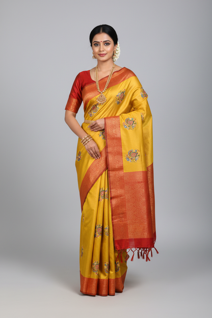 Fancy Tissue Saree Mustard Colour with Maroon Border