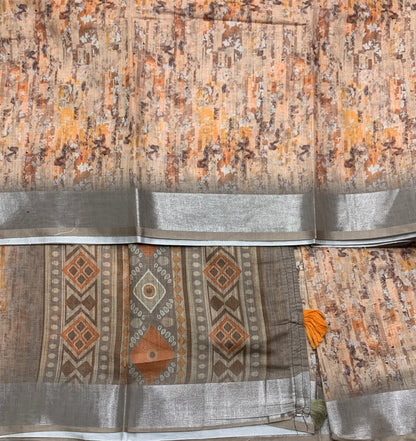 Jute Cotton Saree Light Peach Colour with Thread Border