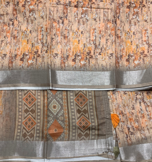 Jute Cotton Saree Light Peach Colour with Thread Border