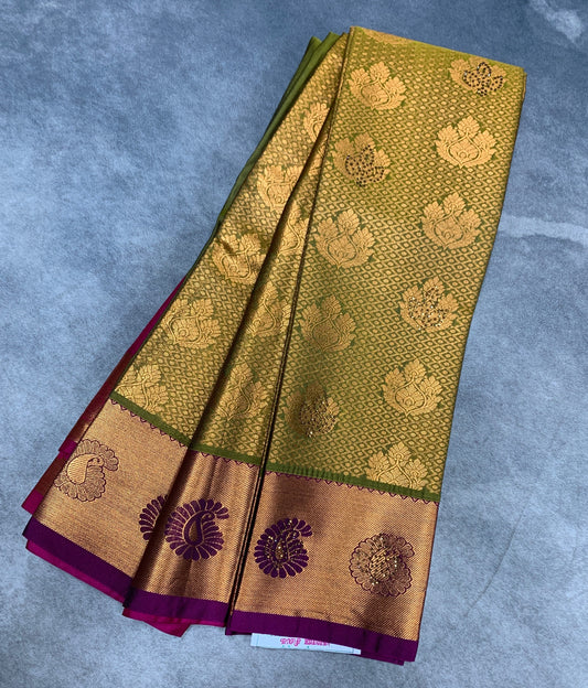 Vegan Silk Saree Olive Green Colour with Copper and Magenta Border