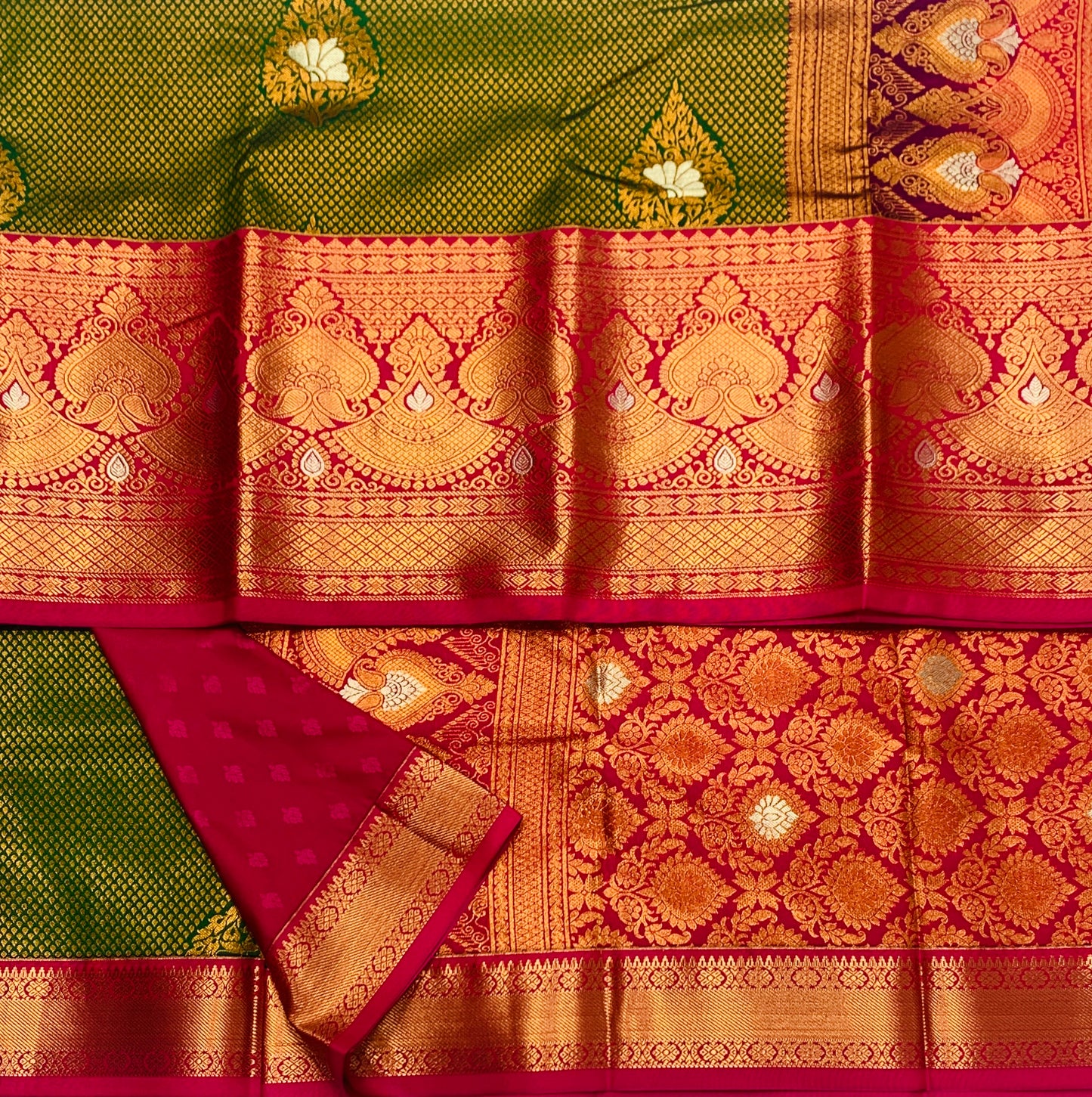 Vegan Silk Saree Green shade with Pink Border