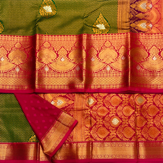 Vegan Silk Saree Green shade with Pink Border