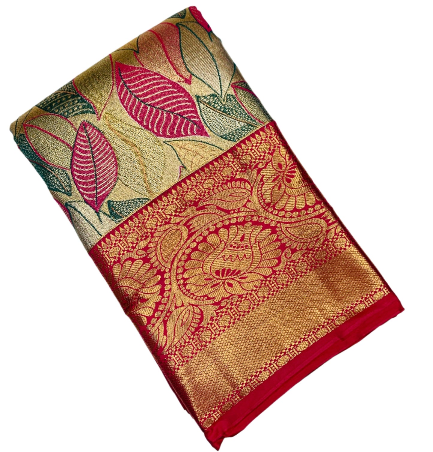 Peacock Blue & Pink Leaf Soft Kanchi Tissue Pattu Saree with Pink border