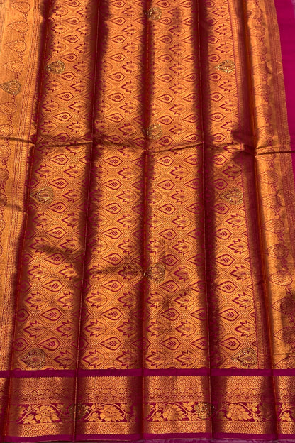 Vegan Silk Saree Off White Colour with Copper and  Pink Border