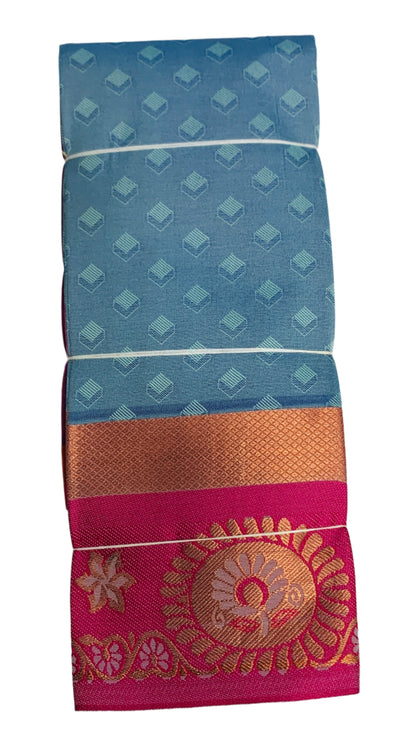 Synthetic Cotton Saree Light Blue Shade with Pink Border