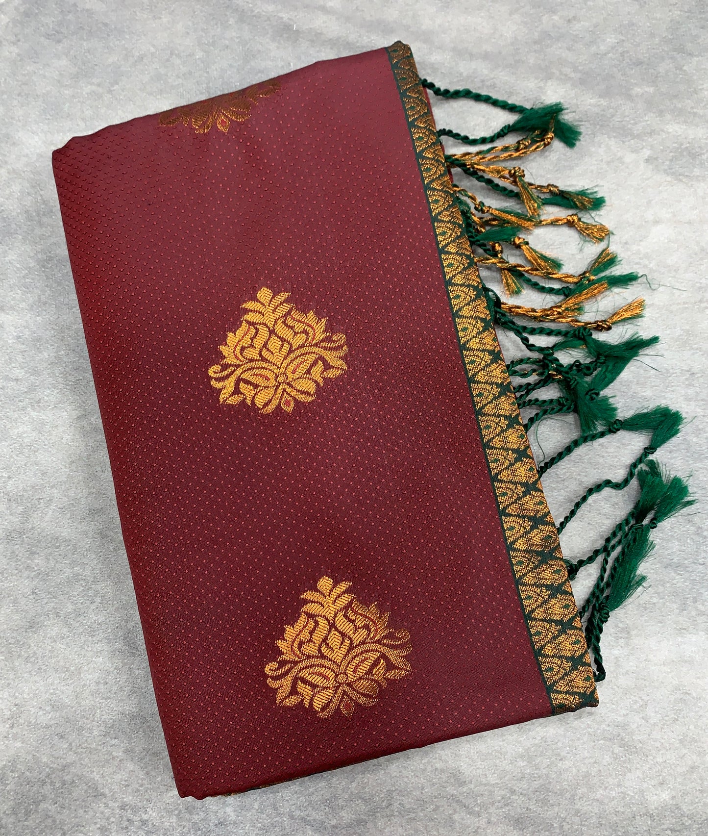 Soft Vegan Silk Saree Maroon Colour with Green and Copper Border