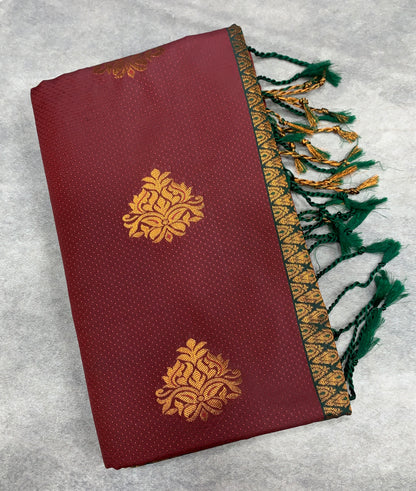 Soft Vegan Silk Saree Maroon Colour with Green and Copper Border