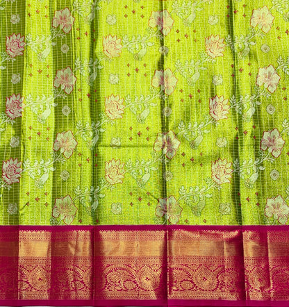 Parrot Green Shade Vegan Silk Kids Pattu Pavadai with Contrast border for age 2 to 5