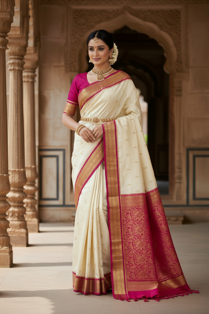 Pure Kanchipuram Silk Saree White Colour with Pink Border