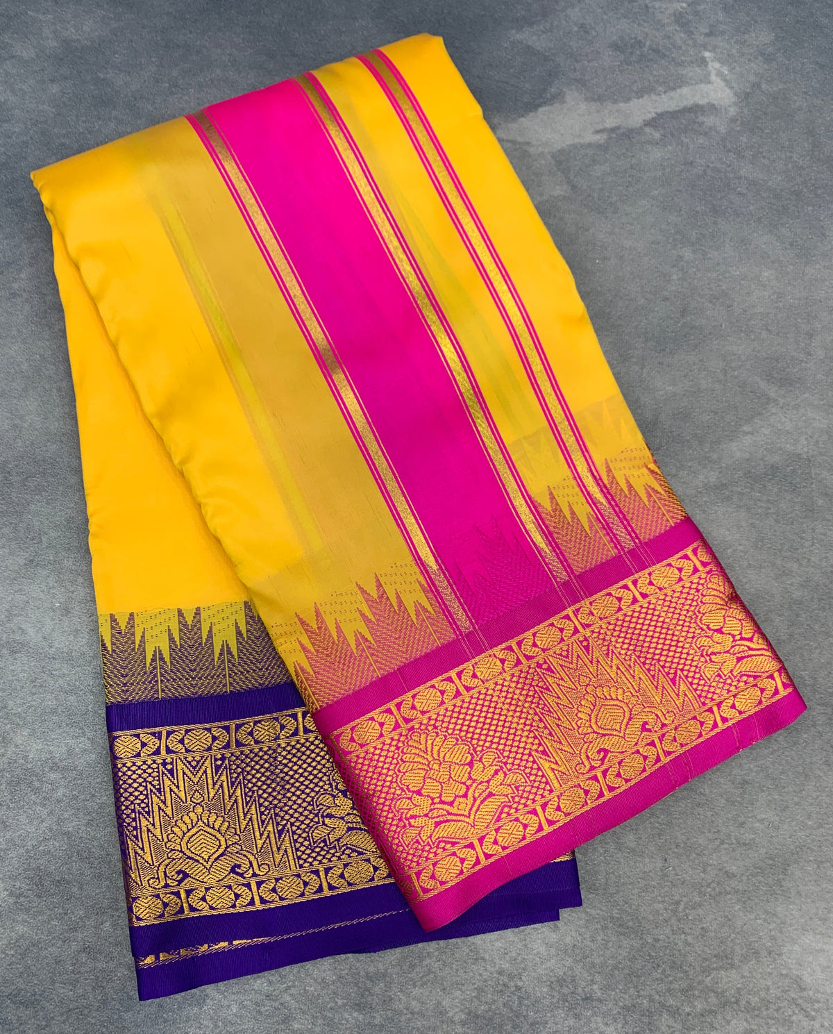 Art Silk Dhothi 9X5 Yellow Colour with Pink and Blue Colour Ganga Jamuna Border
