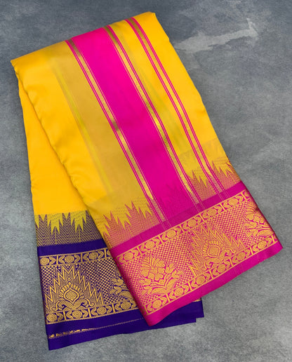 Art Silk Dhothi 9X5 Yellow Colour with Pink and Blue Colour Ganga Jamuna Border
