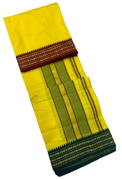 9X5 Cotton Dhoti Yellow Colour with Maroon and Green Border