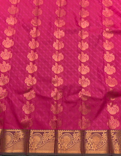 Vegan Silk Saree Pink Colour Saree with Copper and Floral Design