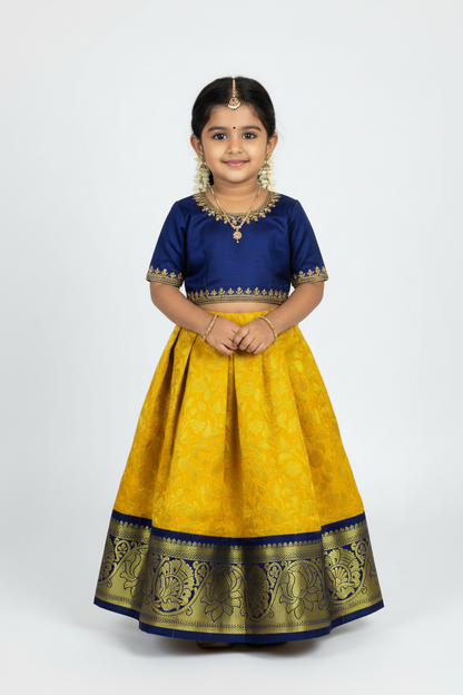 Yellow Shade Vegan Silk Kids Pattu Pavadai with Contrast Border for Newborn to 2 Years