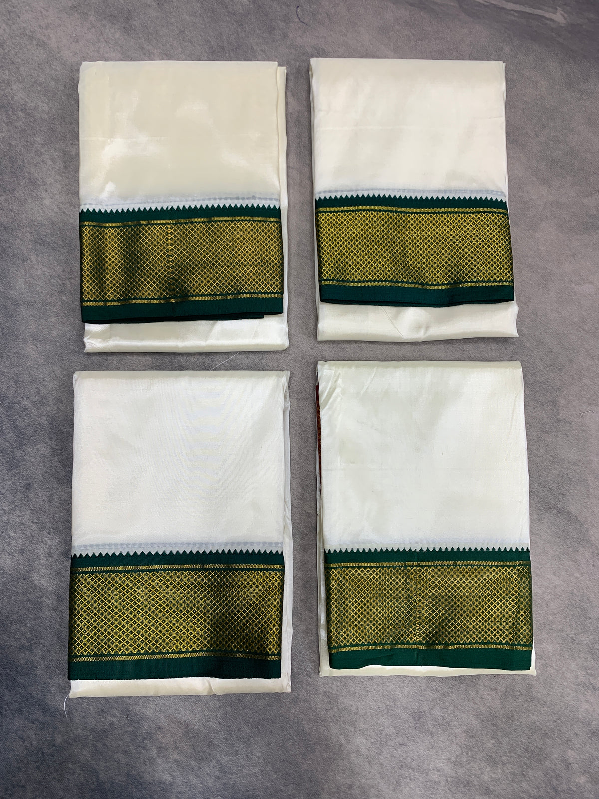 Art Silk Pooja Towel Cream with Large Ganga Jamuna(Green/ Maroon) Border - Pack of 4