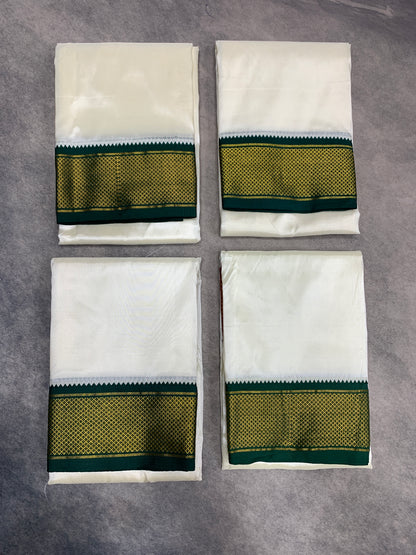 Art Silk Pooja Towel Cream with Large Ganga Jamuna(Green/ Maroon) Border - Pack of 4