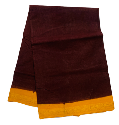 9 yards Cotton Saree Brown Colour with Yellow Border